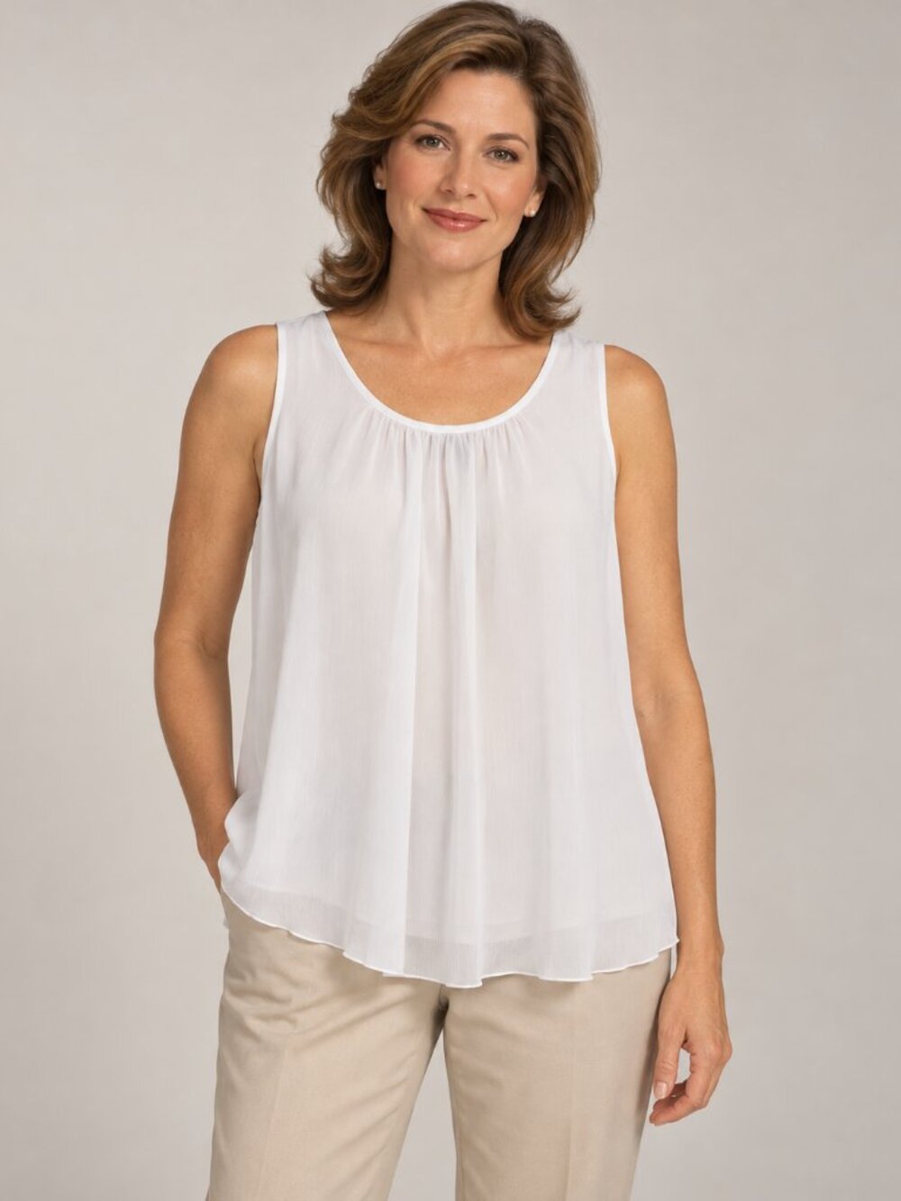 Covington Petite White Chiffon Sleeveless Blouse Flowy Shell LP Large